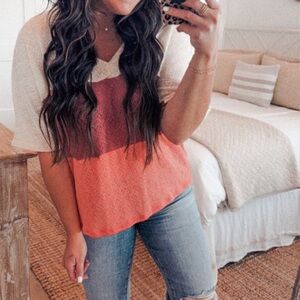 Colorblock Knit Short Sleeve Top - Ivory/Mauve/Coral - Size Large